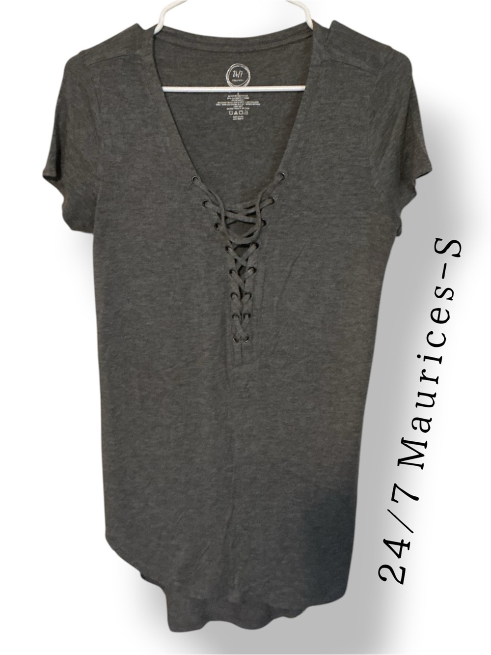 🌼Maurices Dark Charcoal Lace-Up V-Neck Short Sleeve Tee